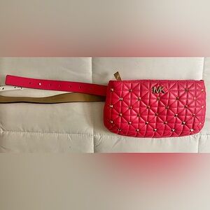 New MICHAEL KORS Pink Studded Gold Logo Size L/XL Belt Bag Fanny Adjustable $98